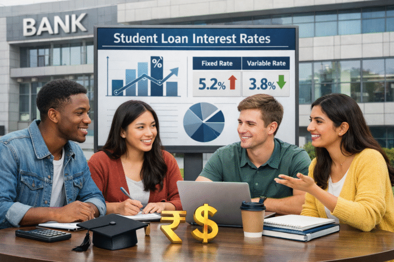 Student checking student loan interest rates and education loan repayment details