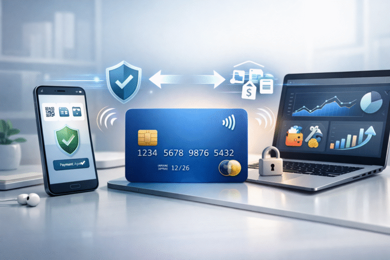 debit card guide 2026 Modern digital illustration of a debit card with smartphone and laptop showing UPI payments, financial analytics, and secure digital payment features in 2026.