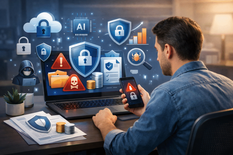 Cyber insurance for small businesses in India 2026 showing protection against cyber risks, AI threats, ransomware, and data breaches.