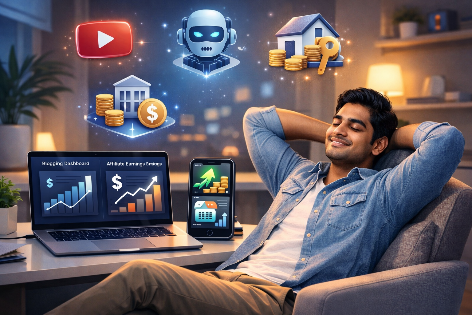 Best passive income ideas in India 2026 showing online earnings, blogging, affiliate marketing, AI income, and financial freedom.