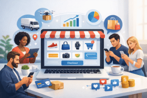 Illustration of e-commerce business showing online shopping, digital payments, and global customers browsing on laptops and smartphones.