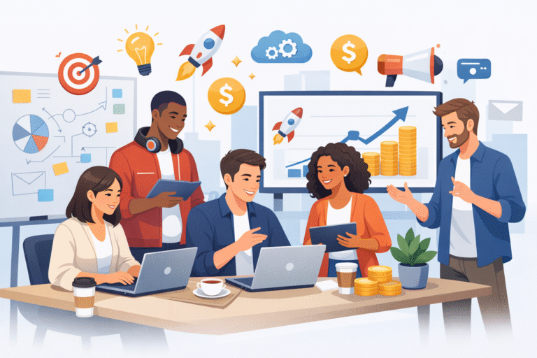 startup success guide Illustration of entrepreneurs working on a startup with laptops, growth charts, marketing icons, and strategy planning in a modern office