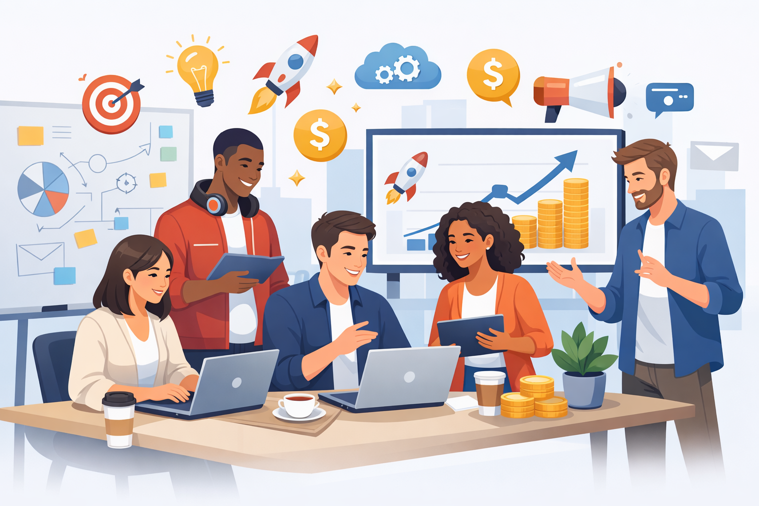 startup success guide Illustration of entrepreneurs working on a startup with laptops, growth charts, marketing icons, and strategy planning in a modern office