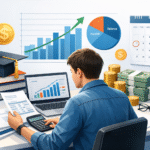 student loans 2026 Illustration of a student managing student loans and repayment plans on a laptop with charts, books, and financial documents