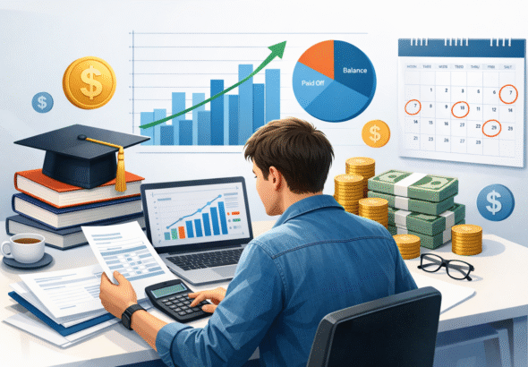 student loans 2026 Illustration of a student managing student loans and repayment plans on a laptop with charts, books, and financial documents