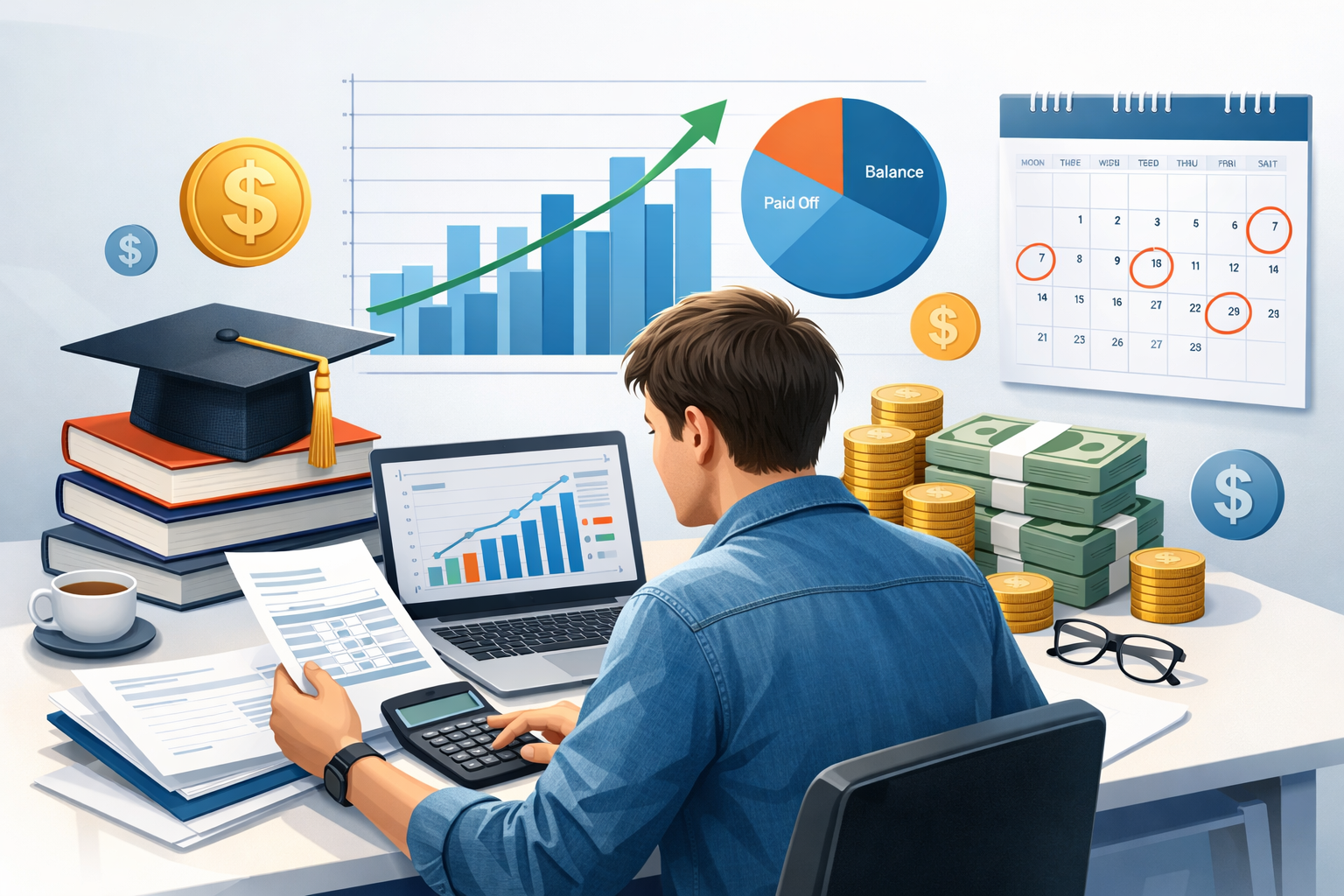 student loans 2026 Illustration of a student managing student loans and repayment plans on a laptop with charts, books, and financial documents