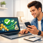 Person receiving instant personal loan approval on laptop and smartphone, showing low interest rates and financial icons.
