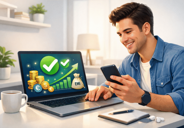 Person receiving instant personal loan approval on laptop and smartphone, showing low interest rates and financial icons.