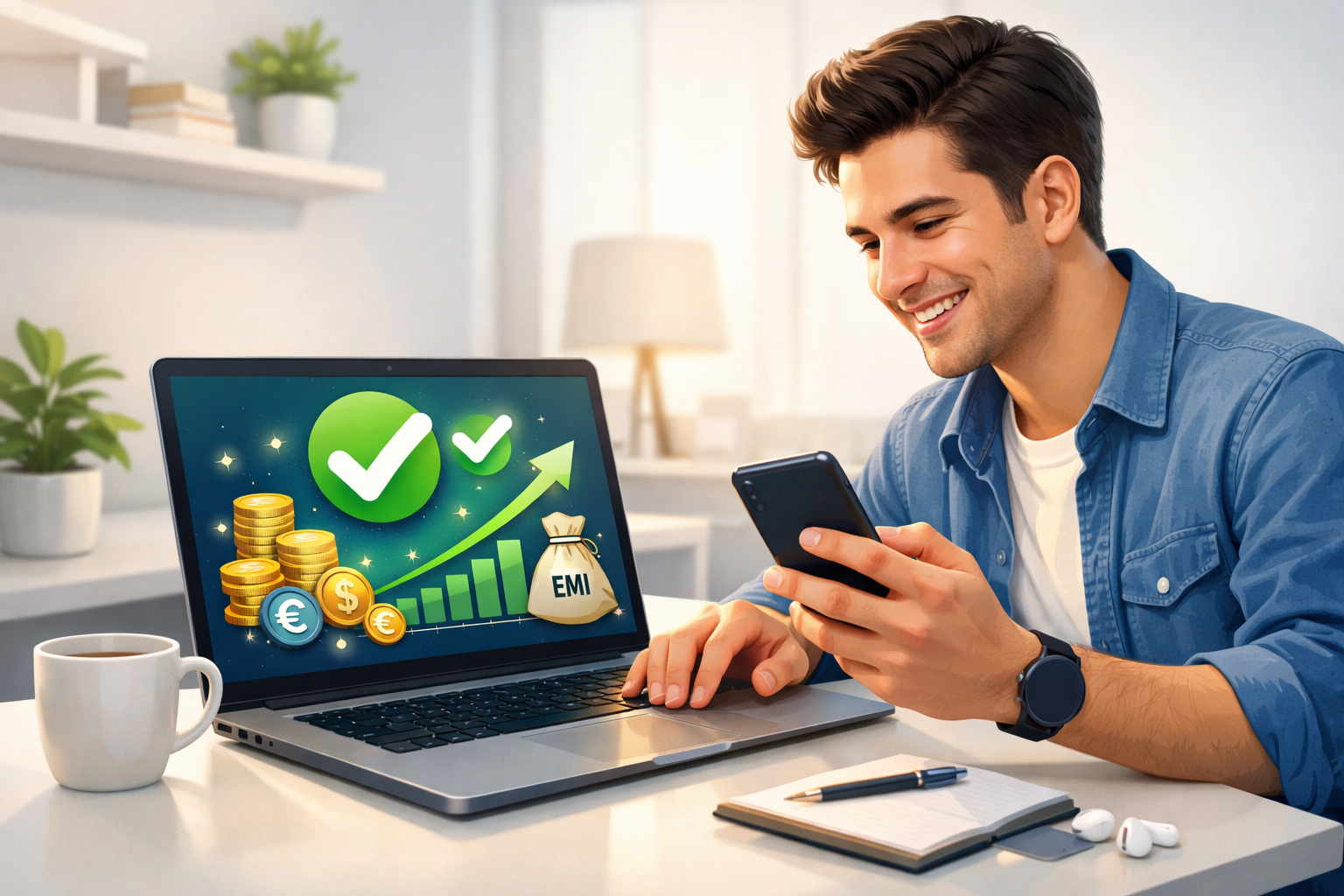 Person receiving instant personal loan approval on laptop and smartphone, showing low interest rates and financial icons.