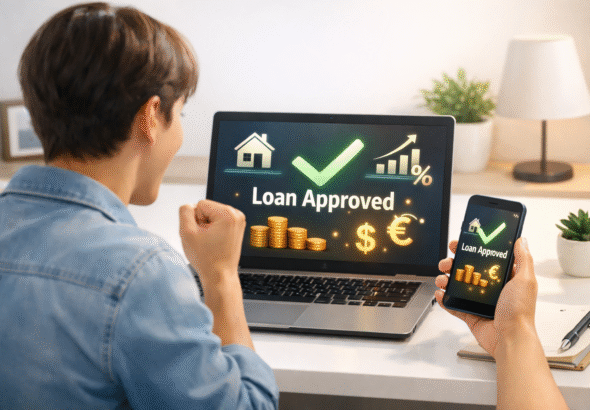 Home loans 2026 Person receiving online home loan approval on laptop and smartphone with interest rate graph.