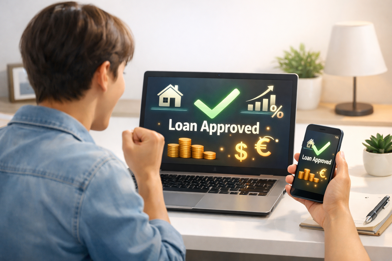 Home loans 2026 Person receiving online home loan approval on laptop and smartphone with interest rate graph.